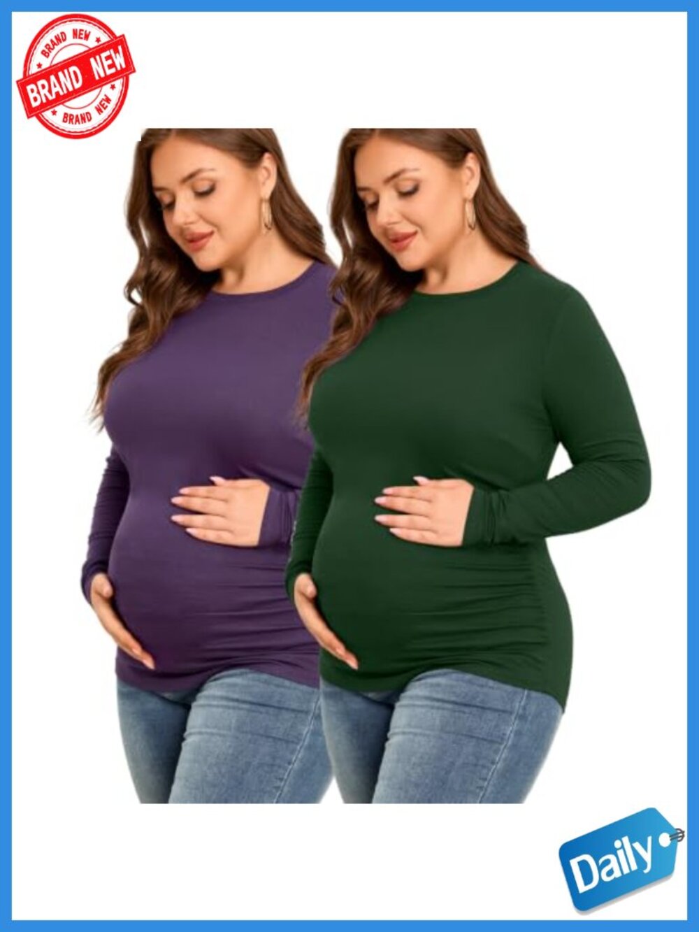 Plus Size Maternity Crewneck Tops Ruched Side Hip Length Soft